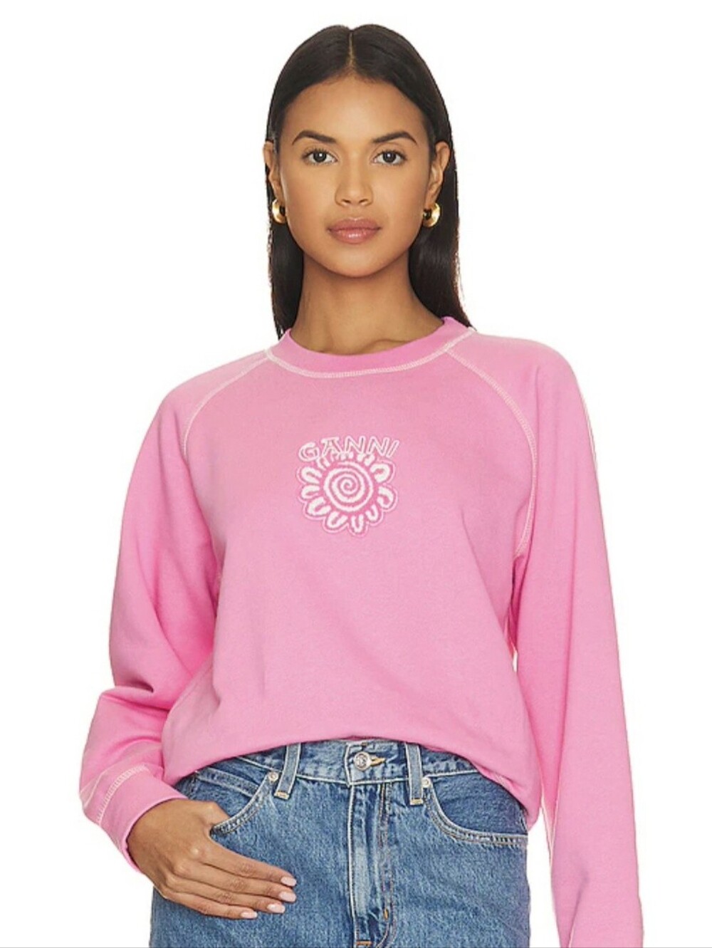 GANNI Isoli Solid Sweatshirt Pink Size Medium